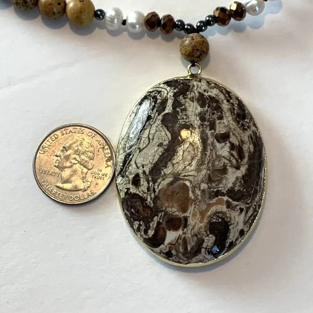 Vtg Agate Cultured Pearl Necklace Polished Gemstones Bold Southwest Statement - Picture 7 of 13